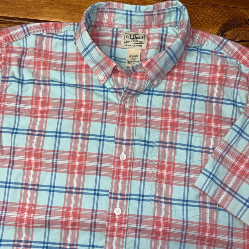 LL Bean Button Down Shirt Mens Large Blue Red Plaid Slightly Fitted Preppy